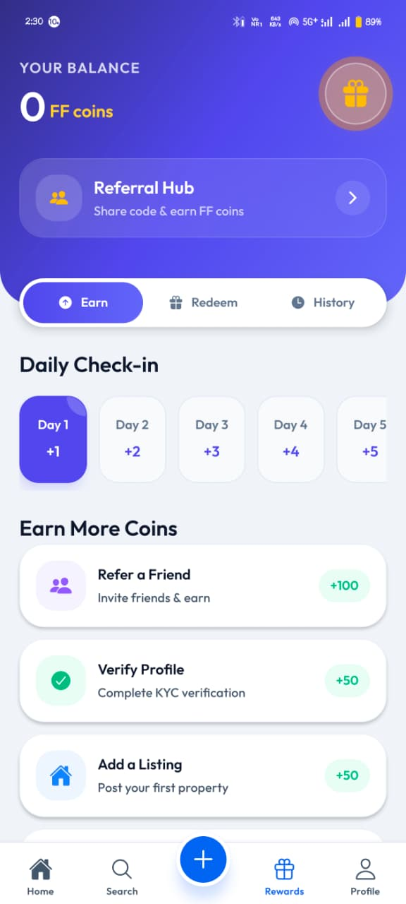 FlatFlick app rewards screen showing the FF coins balance, Referral Hub, daily check-in and ways to earn coins
